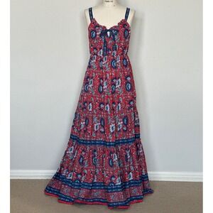 Natural Life Red Blue Floral Maxi Dress Tie Front Tiered Cotton Boho Swing Sz M